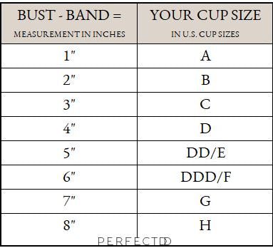 Bra band and cup measurement size chart calculation