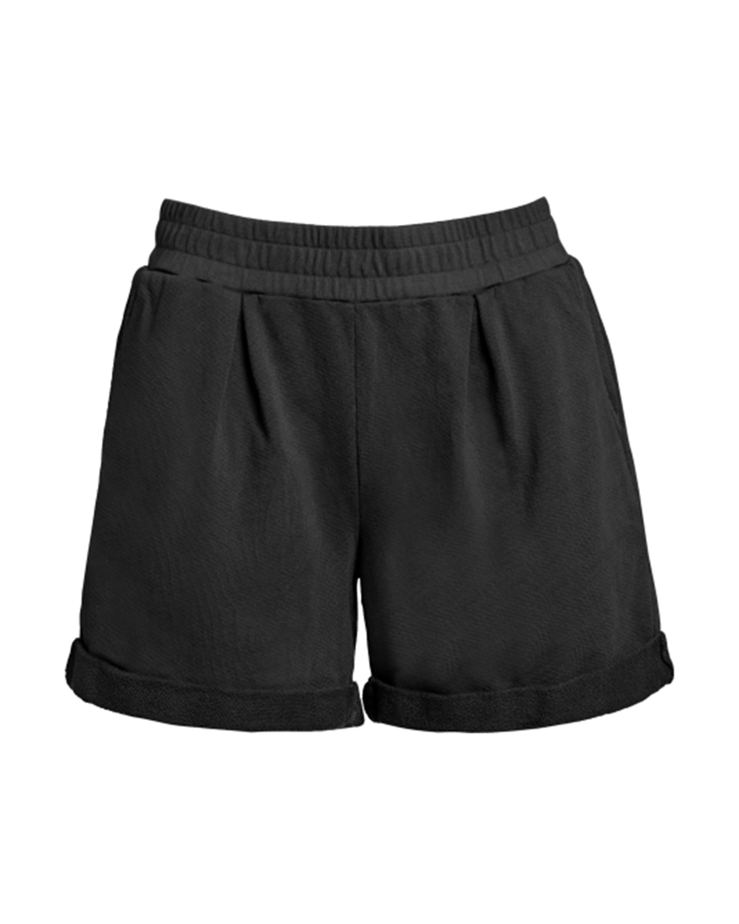 Front flat lay of black organic cotton pleated sweat shorts