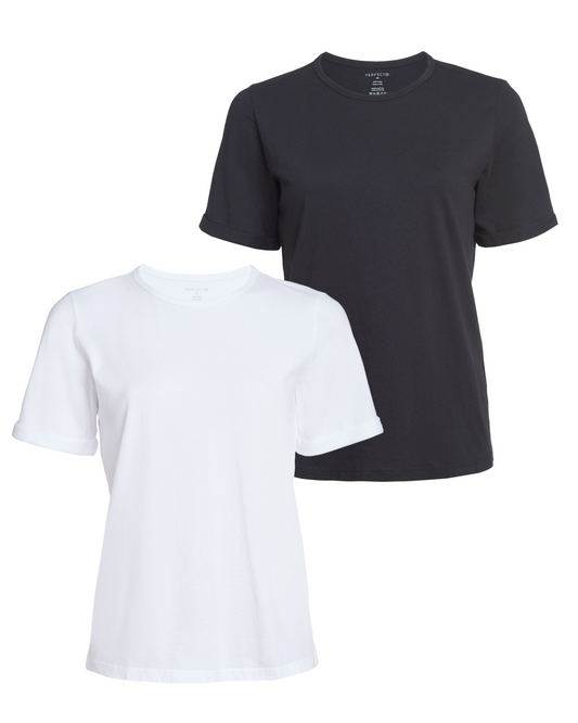 Front flat lays of 2 cotton crewneck, rolled sleeve tshirts in white and black