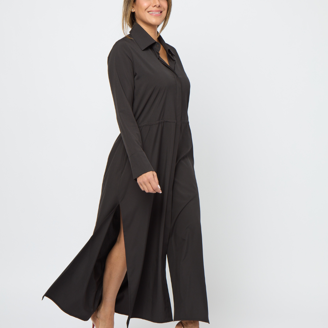 Black Long Sleeve Scoopneck Pant Jumpsuit on Asian Model