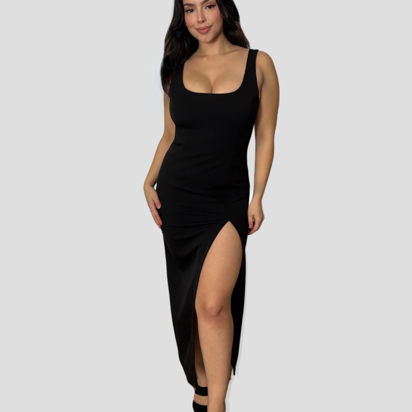 Black Long Sleeve Scoopneck Pant Jumpsuit on Asian Model