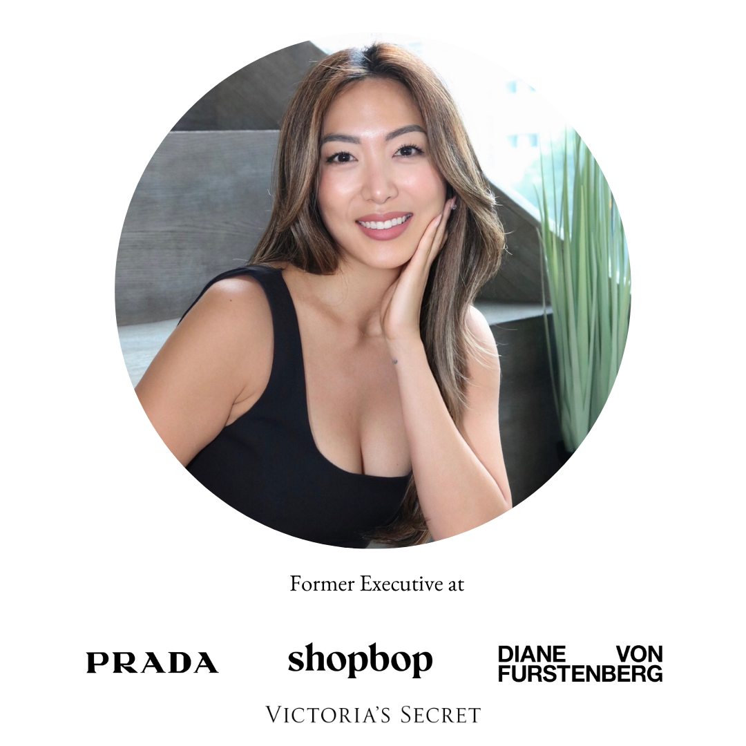 A circular portrait of our founder, Alice Kim, smiling in the Audrey Dress, centered on a white background with text below reading 'Former Executive at' followed by PRADA, shopbop, DIANE VON FURSTENBERG, and VICTORIA'S SECRET.