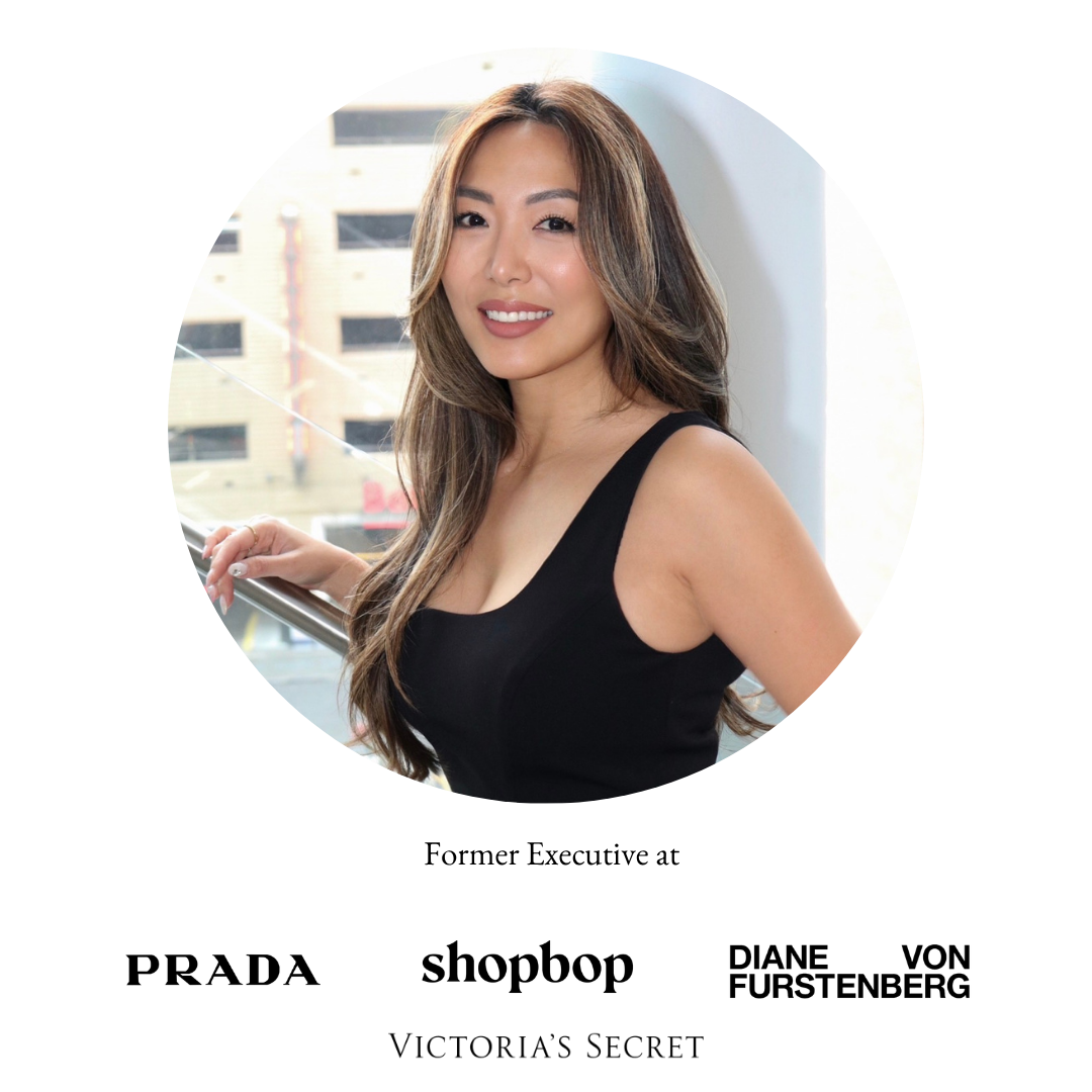 Alice Kim, founder of PerfectDD in a circular portrait of a smiling with long light brown hair wearing our black Audrey Dress, set against a white background with text below reading 'Former Executive at' and logos for Prada, Shopbop, Diane von Furstenberg, and Victoria's Secret.