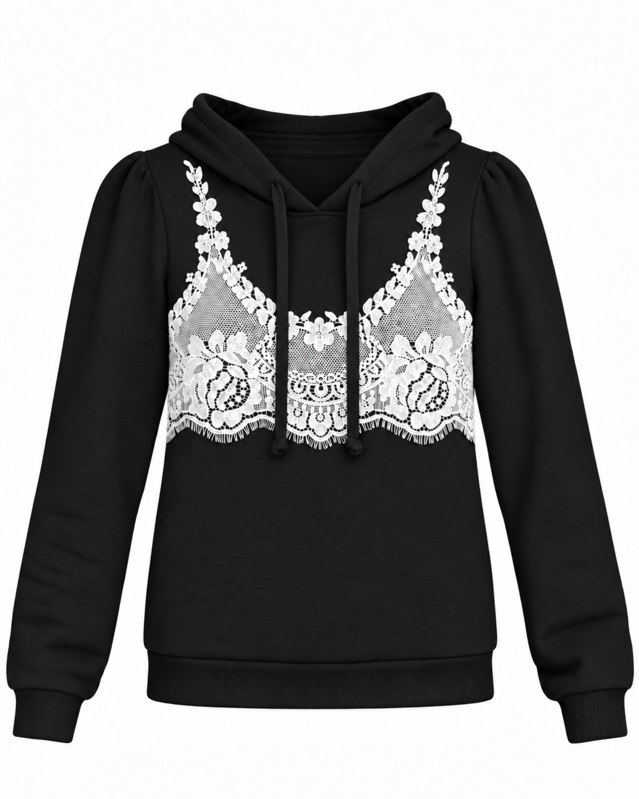 A black long-sleeve hoodie featuring a white lace bralette embroidery across the chest