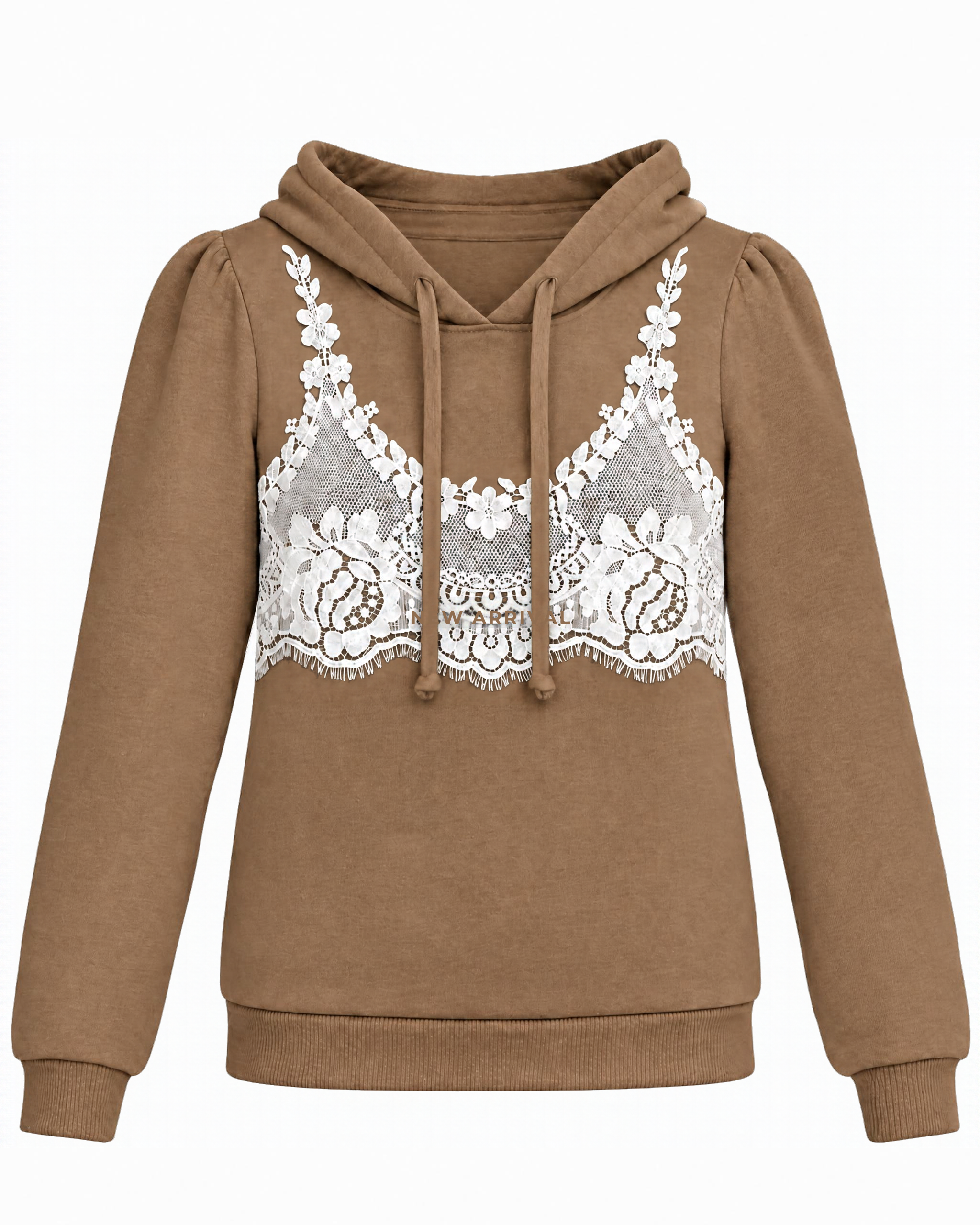 A tan long-sleeve hoodie featuring a white lace bralette embroidered across the chest