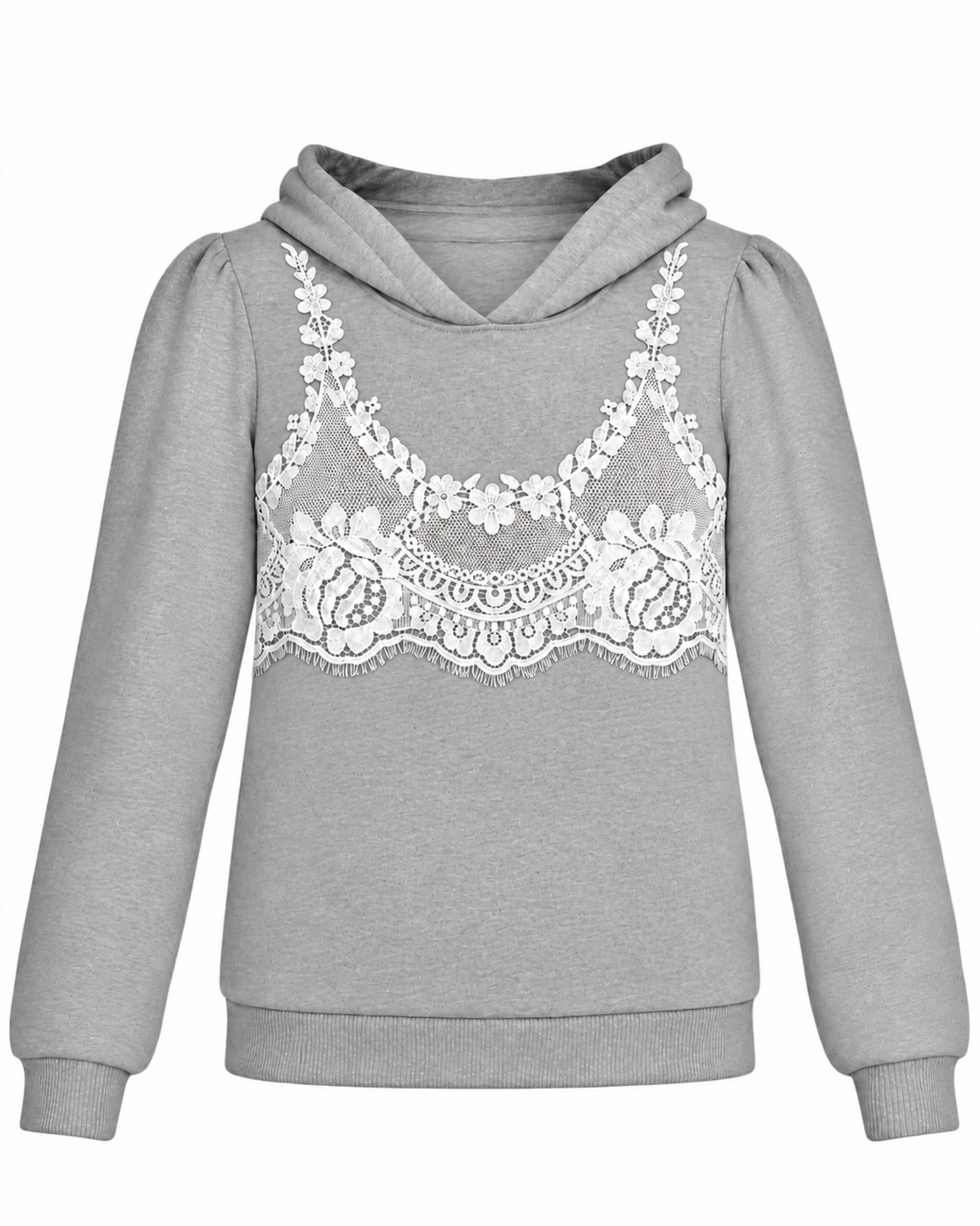 A light gray pullover hoodie featuring a white floral lace applique across the chest