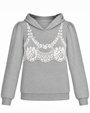 A light gray pullover hoodie featuring a white floral lace applique across the chest
