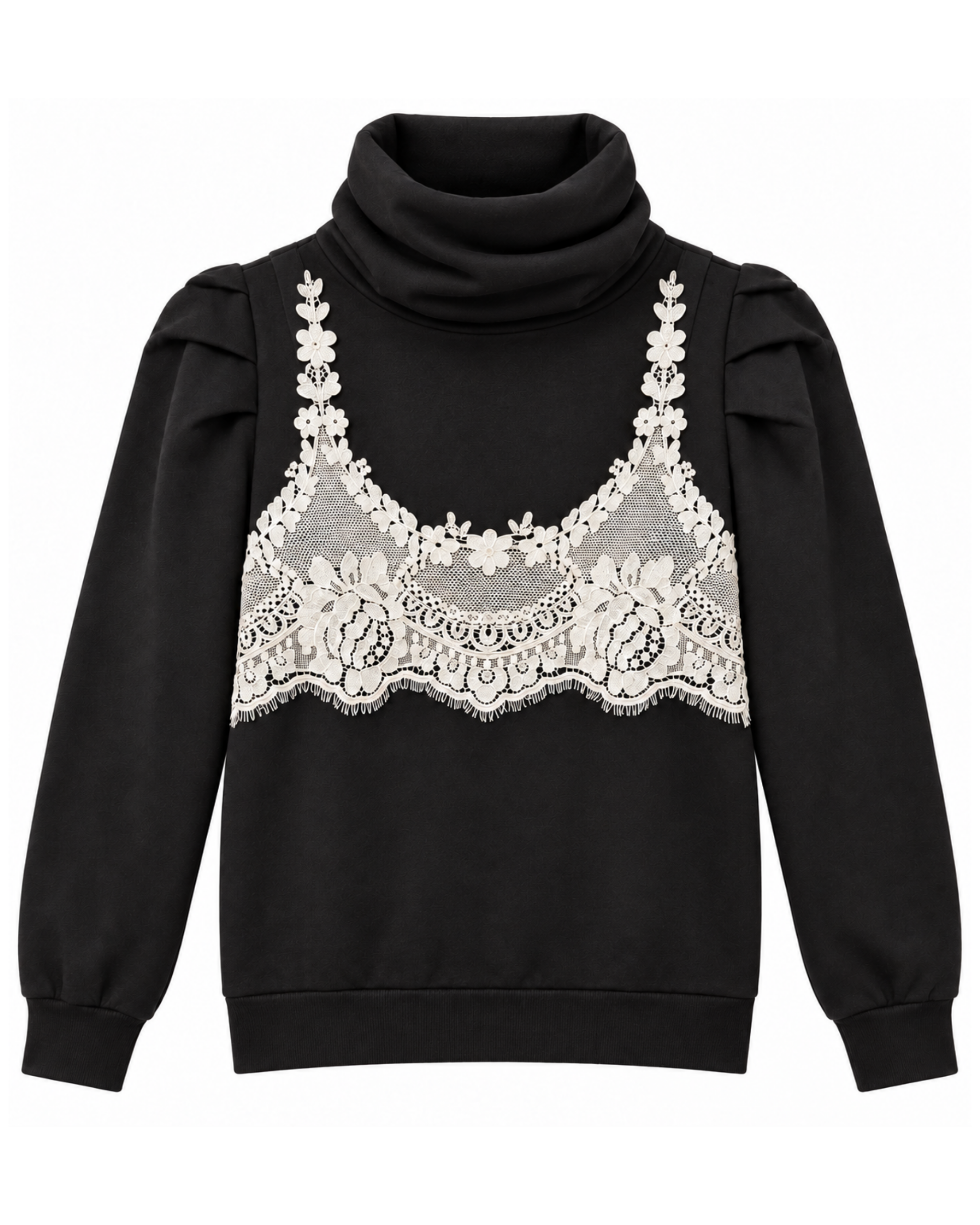 A black long-sleeve turtleneck featuring a white floral lace bralette emrbroidered across the chest