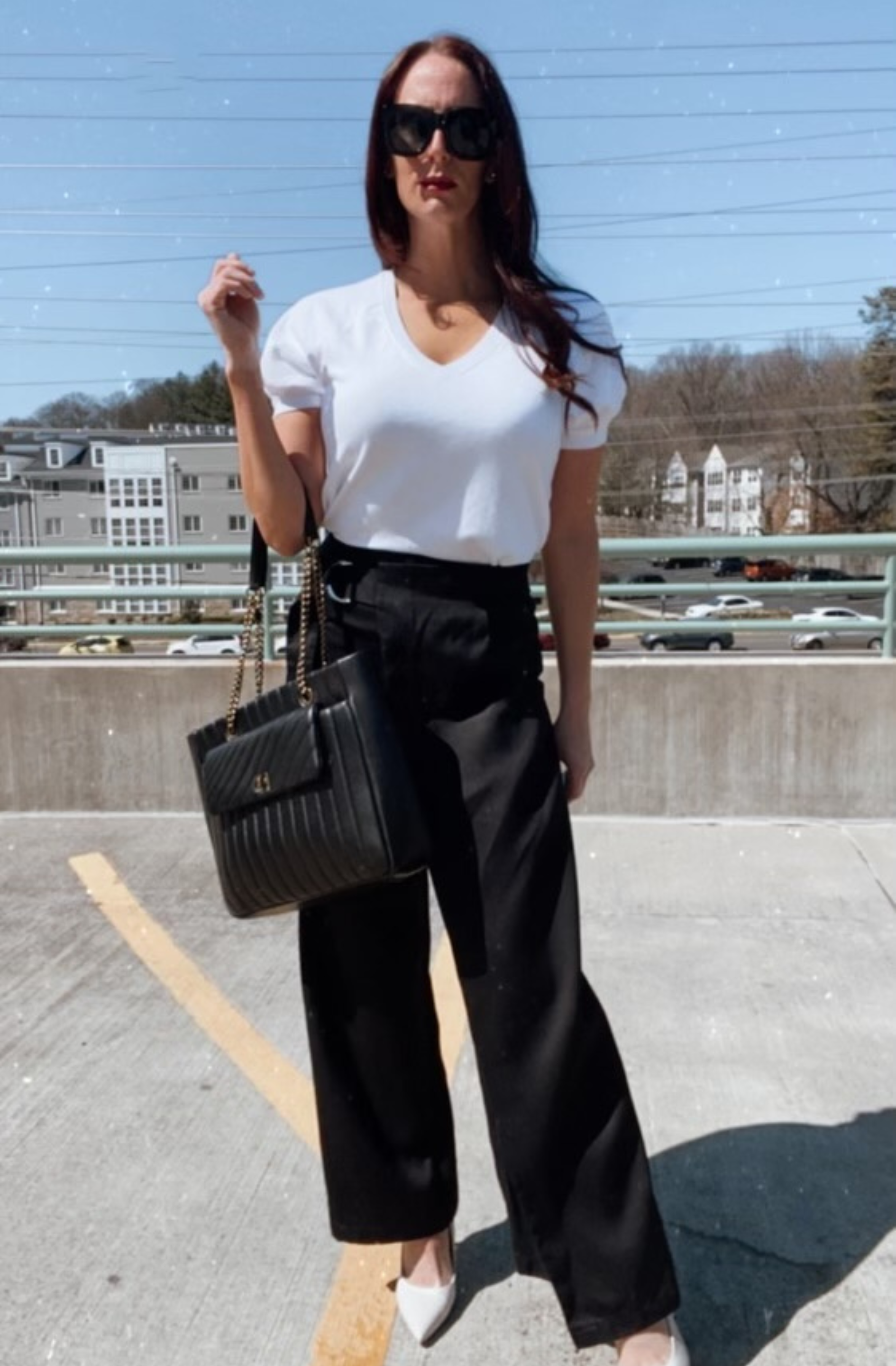 White V-neck Short Sleeve Sweatshirt in Organic Cotton Worn with Black Work Pants