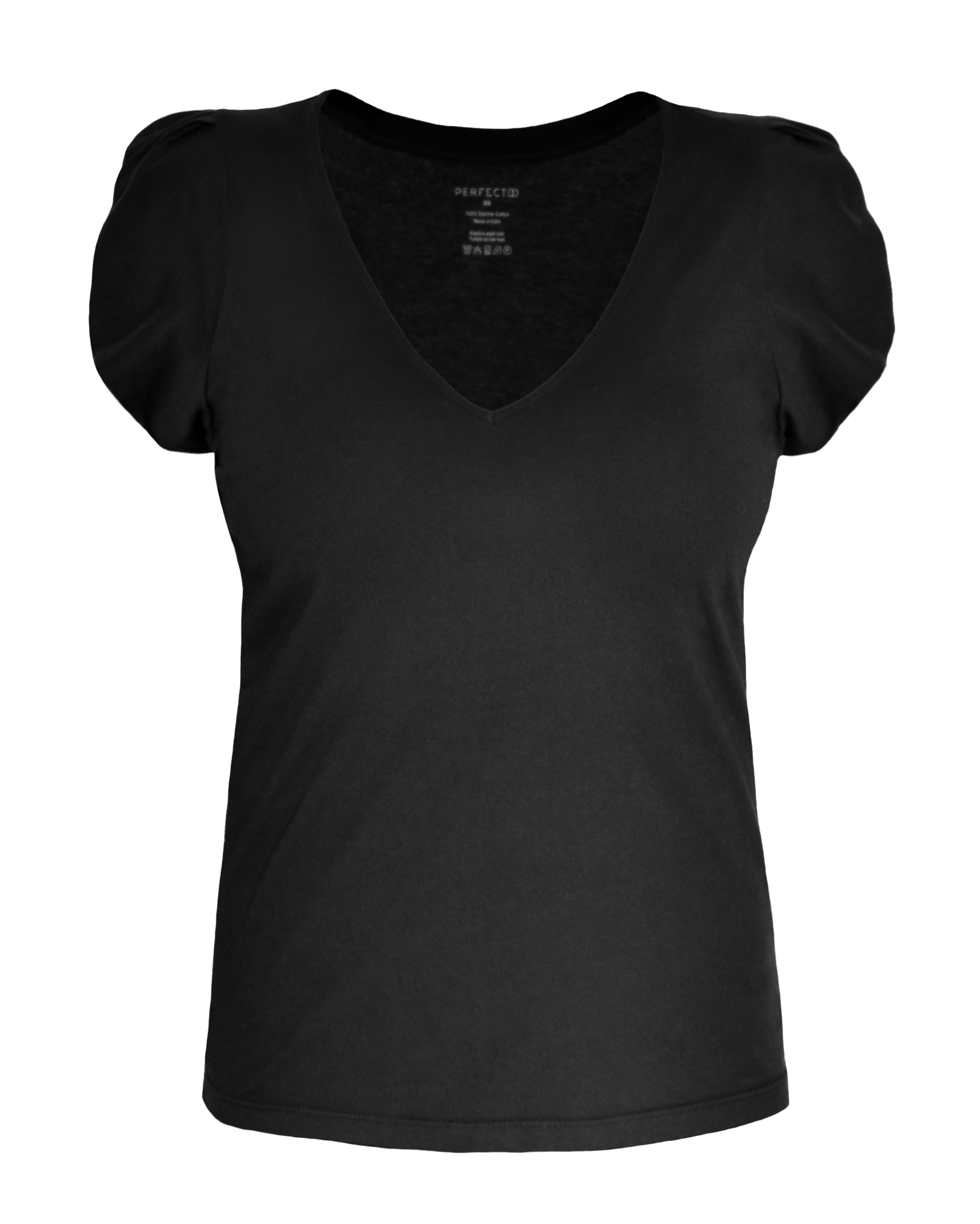 Flat lay of Black supima cotton v-neck, tulip sleeve tee