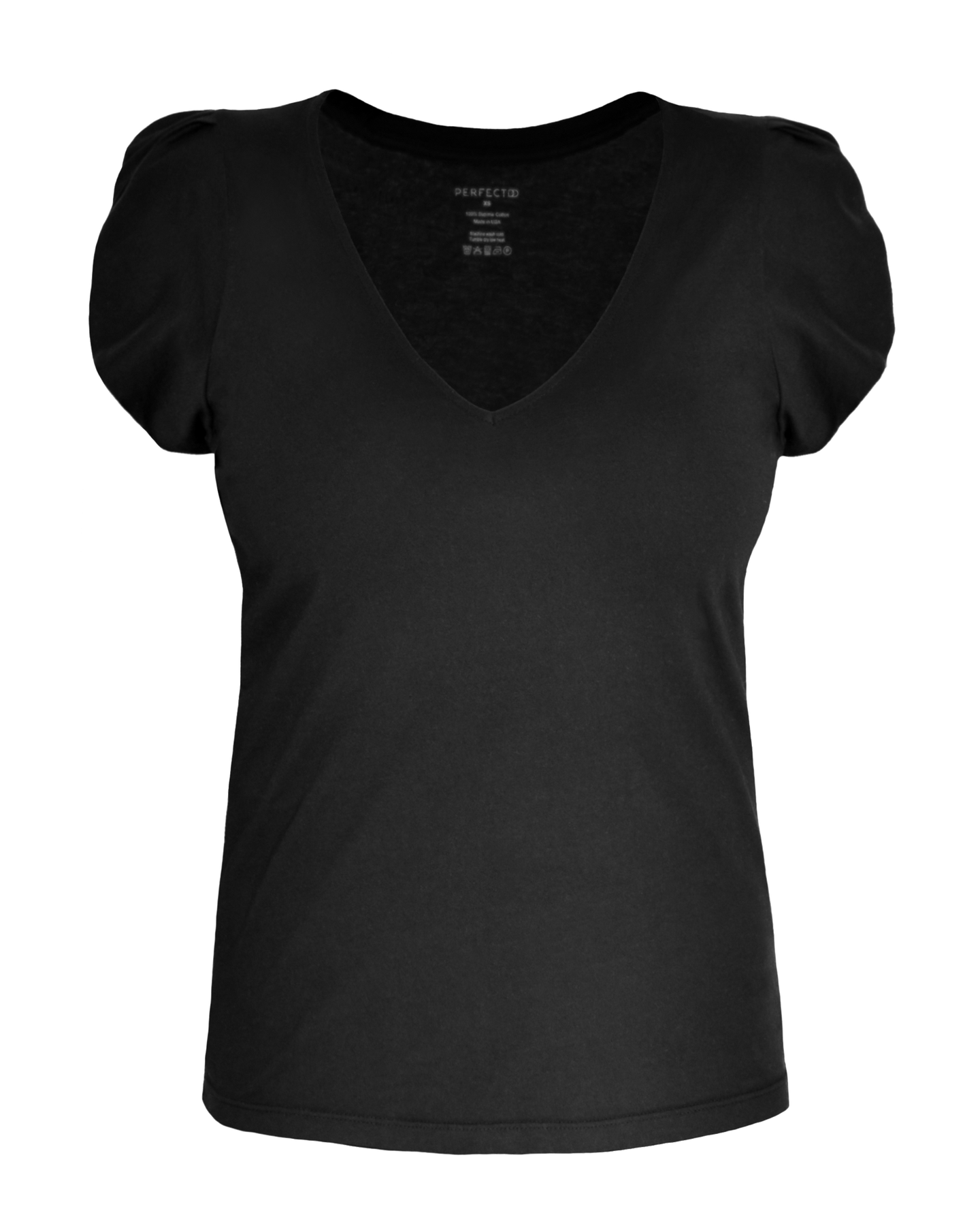 Flat lay of Black supima cotton v-neck, tulip sleeve tee