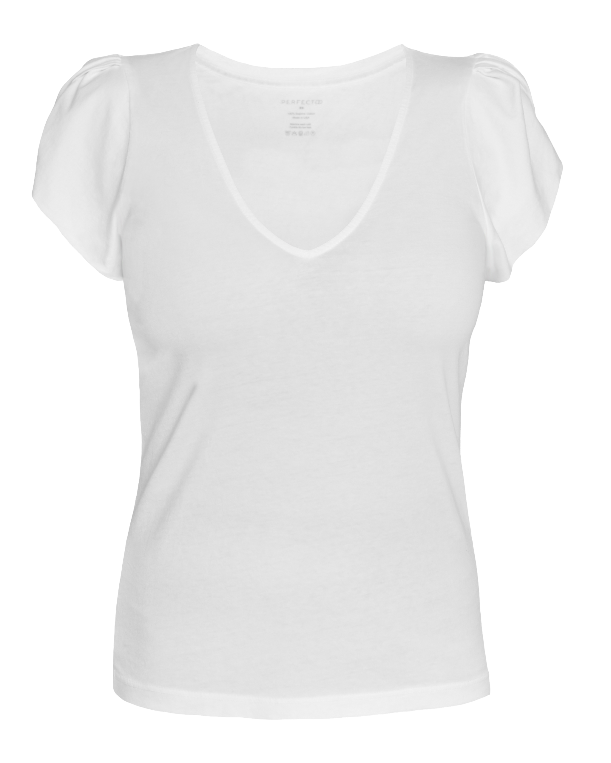 Flat lay of white supima cotton v-neck, tulip sleeve tee