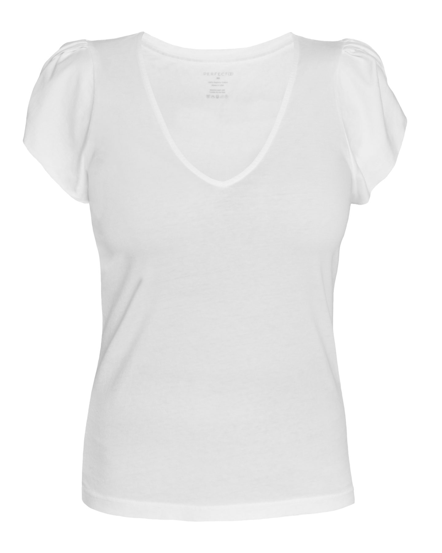 Flat lay of white supima cotton v-neck, tulip sleeve tee