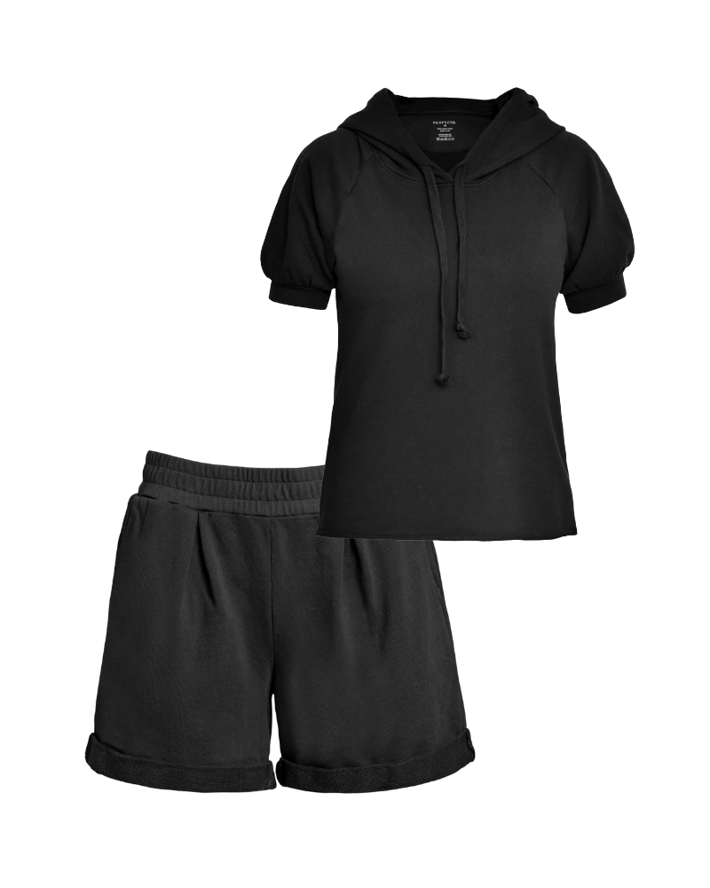 Front flat lay of black organic cotton short sleeve sweatshirt and matching black cotton pleated sweat shorts