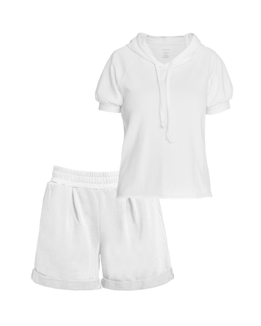 Front flat lay of white organic cotton short sleeve sweatshirt and matching white cotton pleated sweat shorts