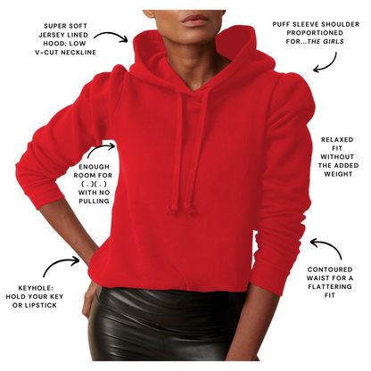 Infographic details of varsity red cotton fleece long sleeve sweatshirt