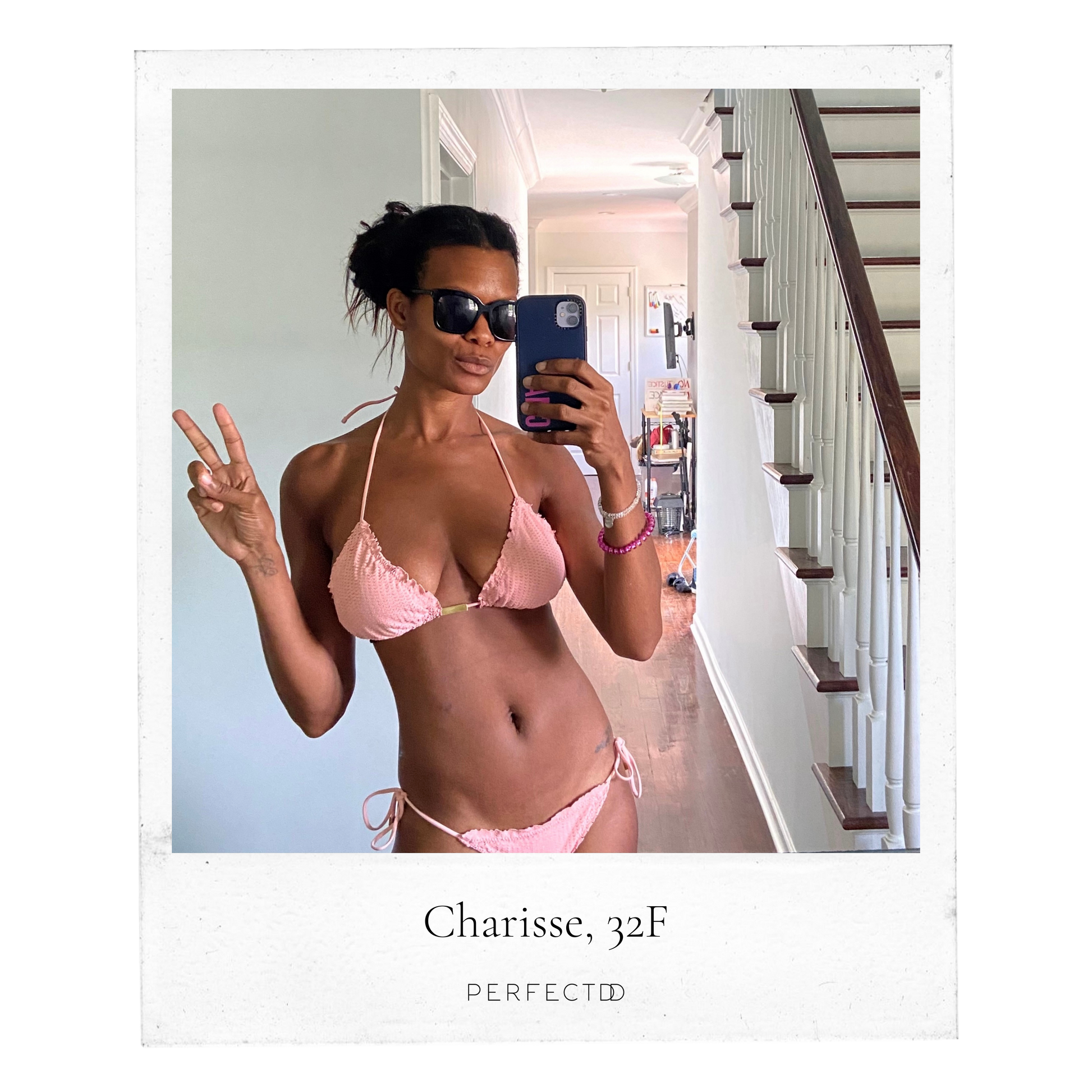 Polaroid picture of thin, fuller bust, black woman in a pink bikini and sunglasses holding up a peace sign
