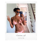 Polaroid picture of thin, fuller bust, black woman in a pink bikini and sunglasses holding up a peace sign