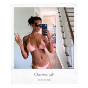 Polaroid picture of thin, fuller bust, black woman in a pink bikini and sunglasses holding up a peace sign