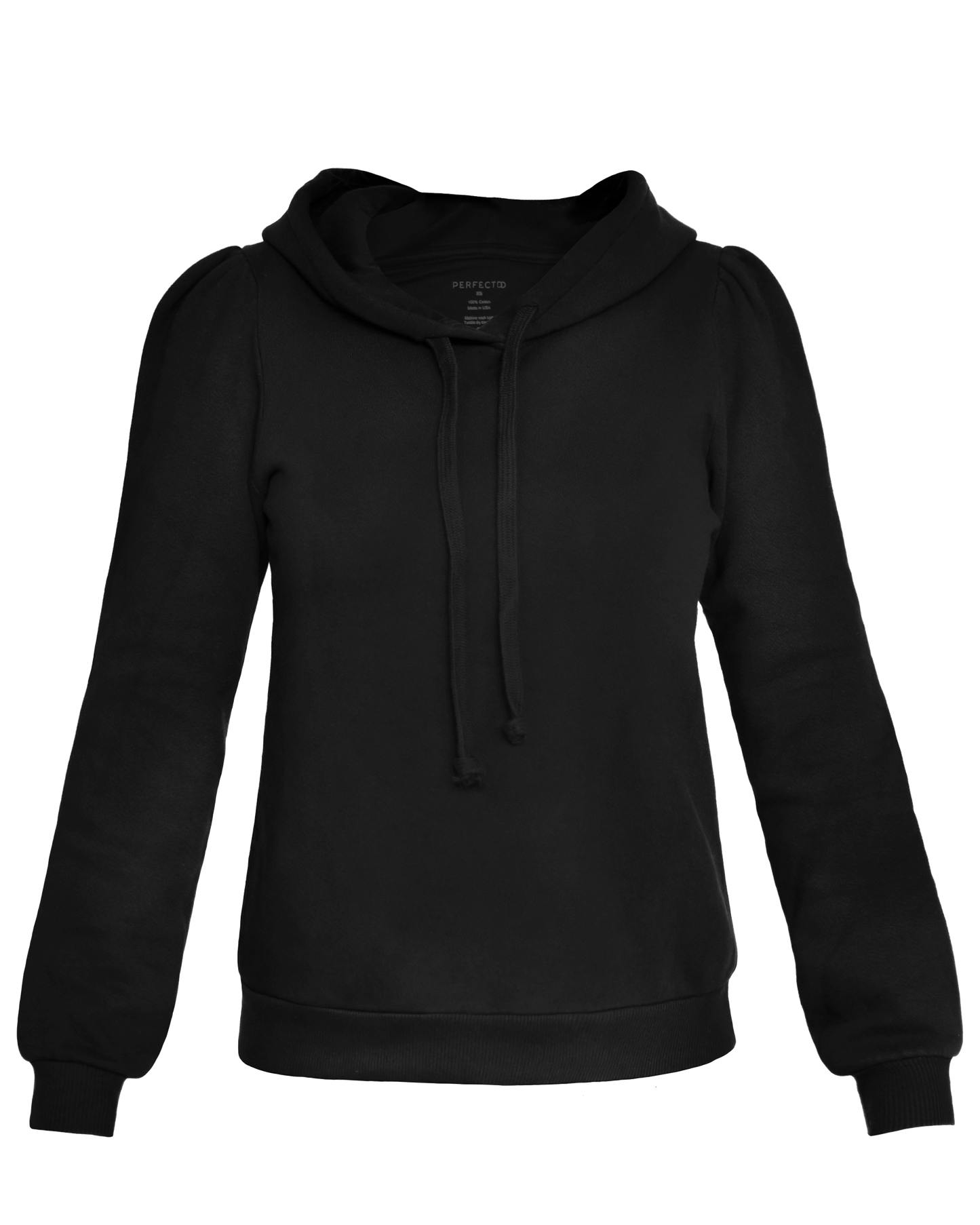 Flat lay of black cotton fleece long sleeve sweatshirt