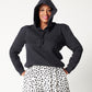 Black cotton fleece long sleeve sweatshirt on model with hood on