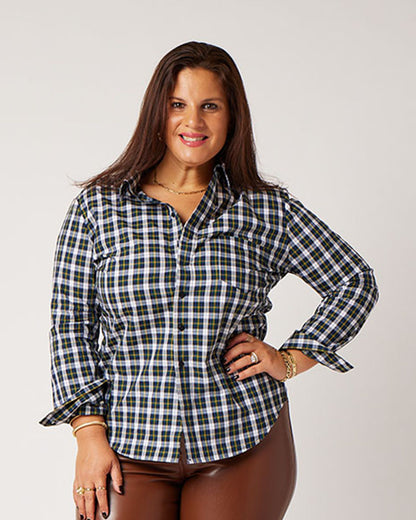 Plaid cotton long sleeve classic button down on smiling white model in gold jewelry with hand on hip