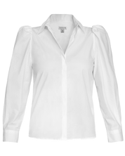 Flat lay of white cotton puff sleeve button down