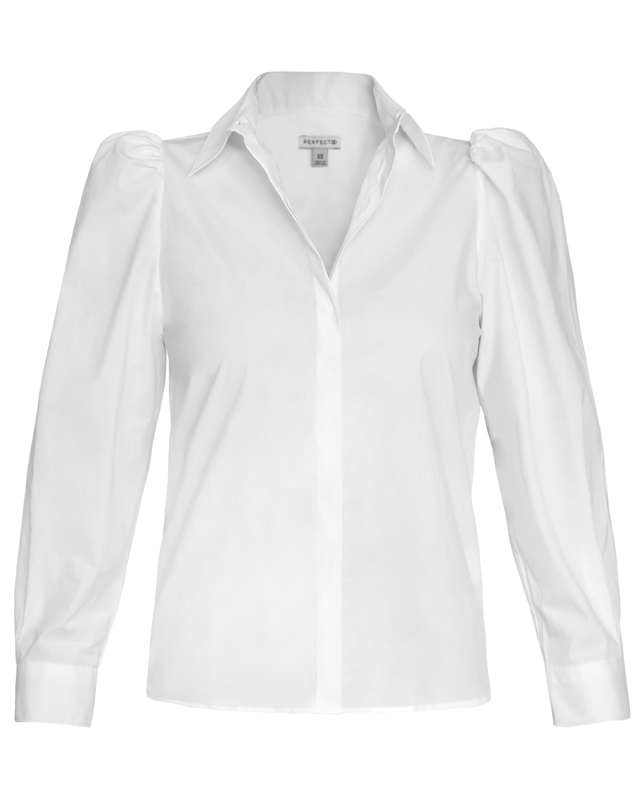 Flat lay of white cotton puff sleeve button down
