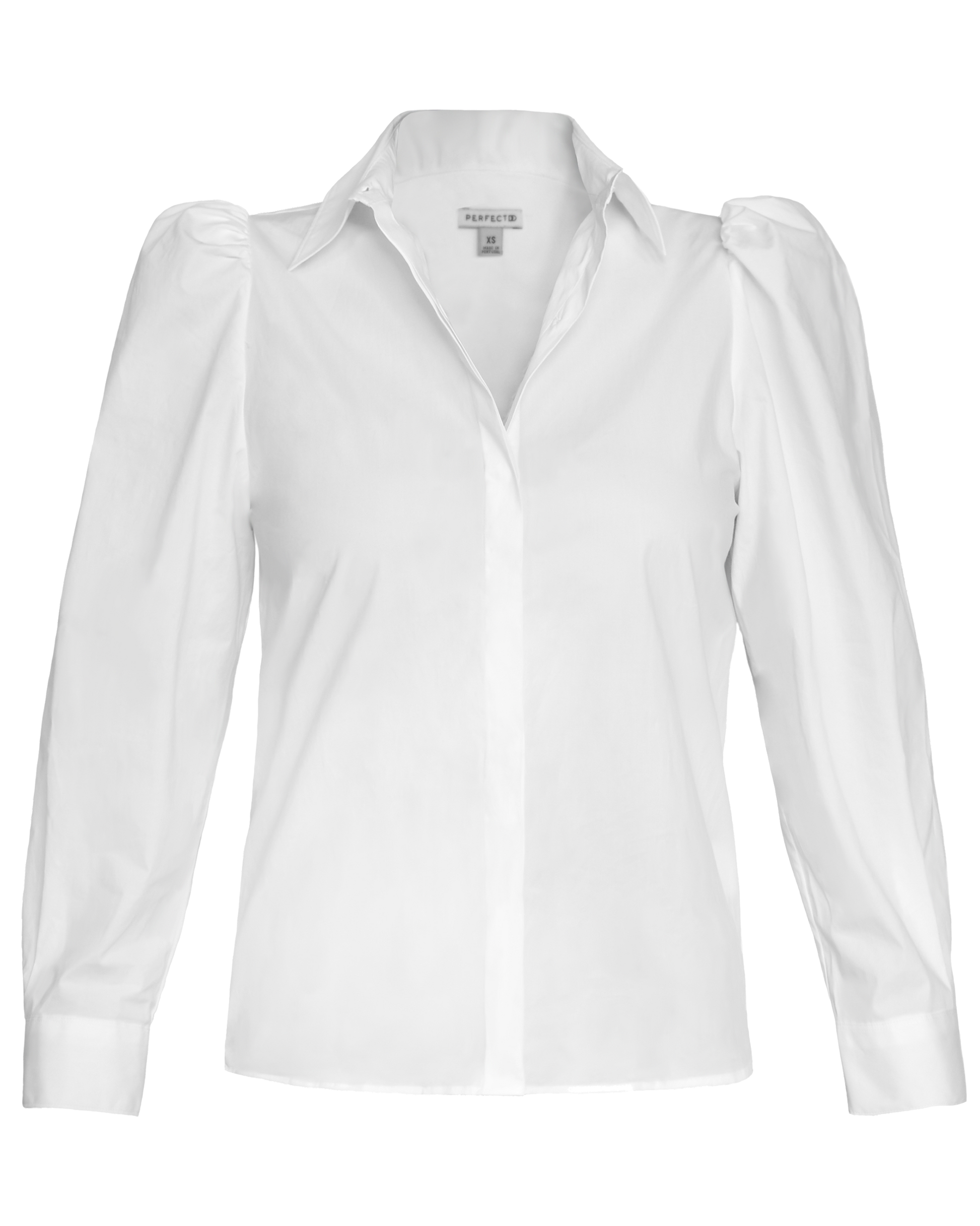 Flat lay of white cotton puff sleeve button down