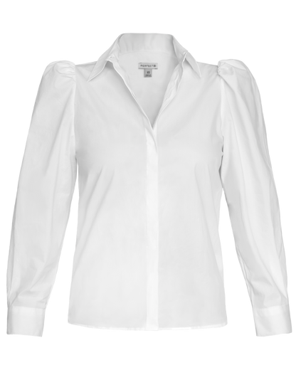 Flat lay of white cotton puff sleeve button down