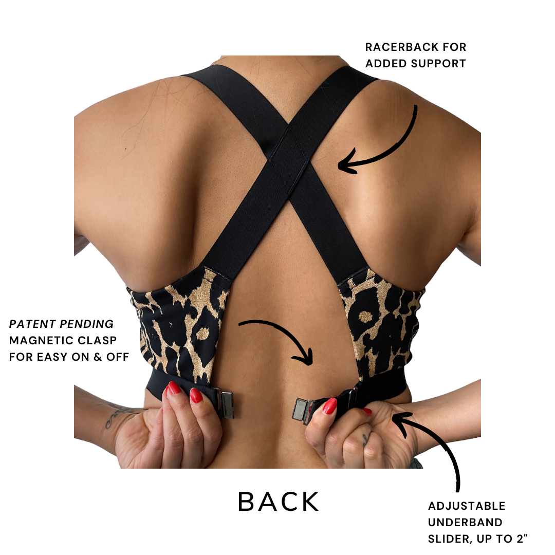 Infographic details of back of recycled polyester sports bra