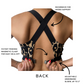 Infographic details of back of leopard recycled polyester sports bra