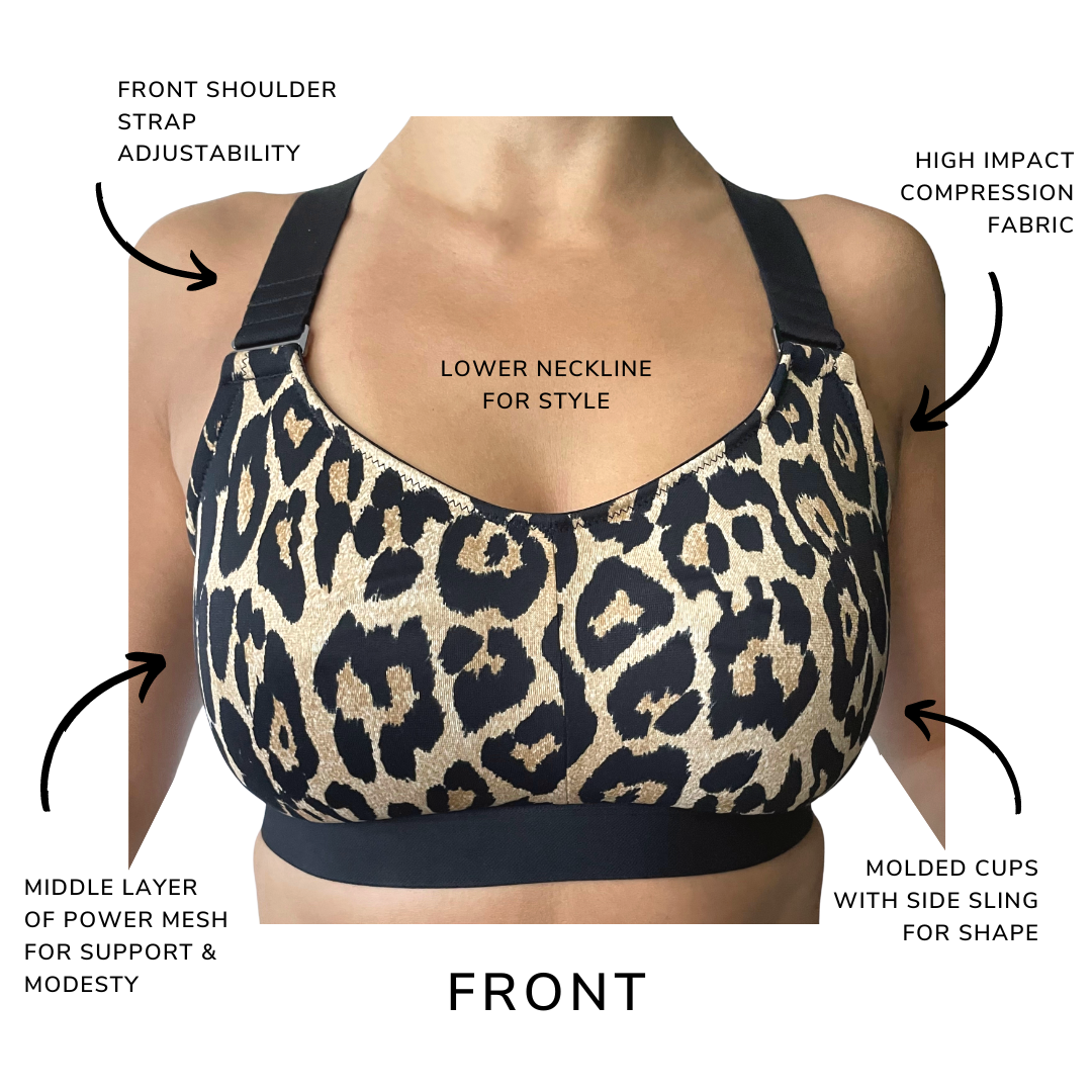 Infographic details of leopard recycled polyester sports bra