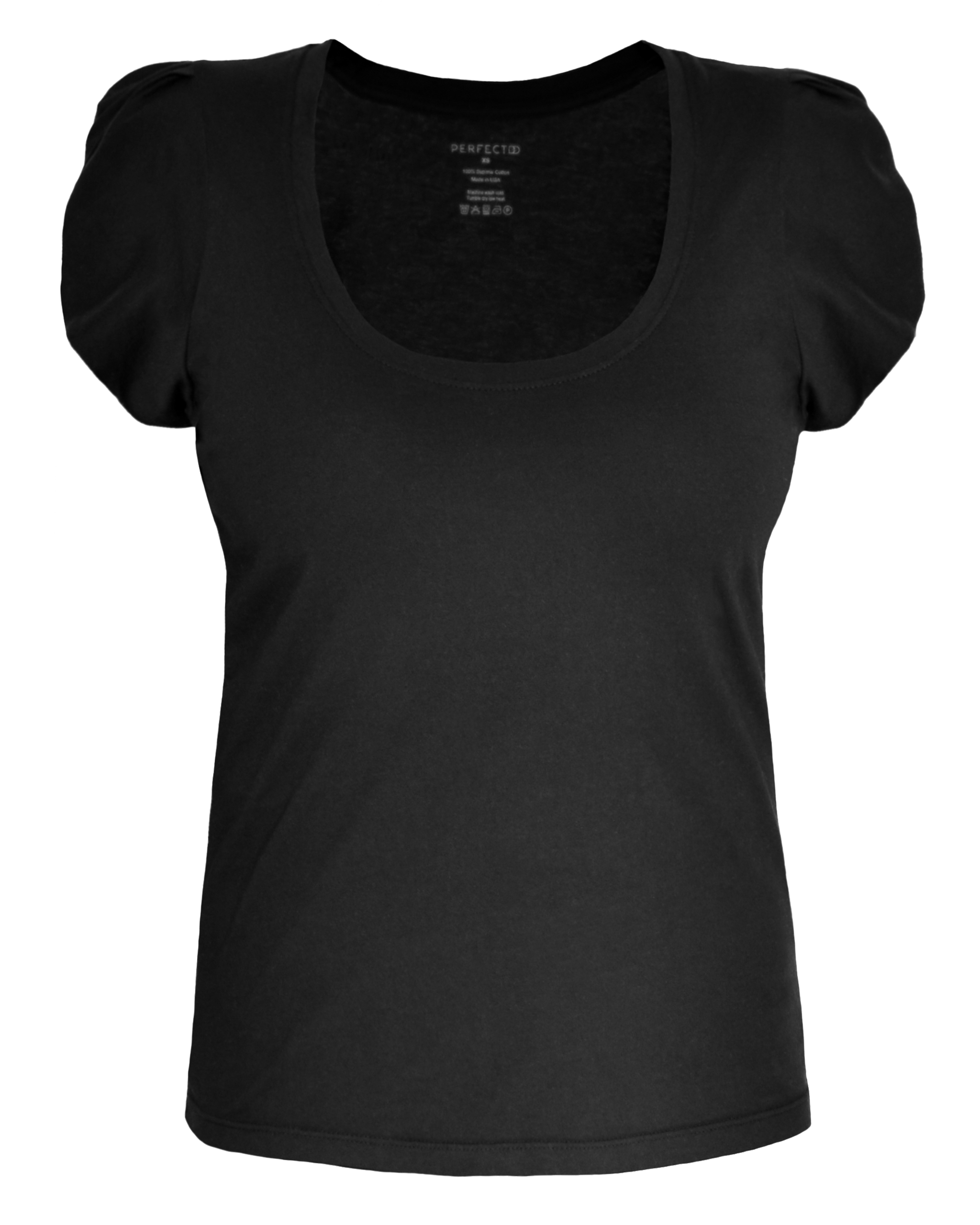 Front flat lay of black supima cotton tulip sleeve scoopneck tee