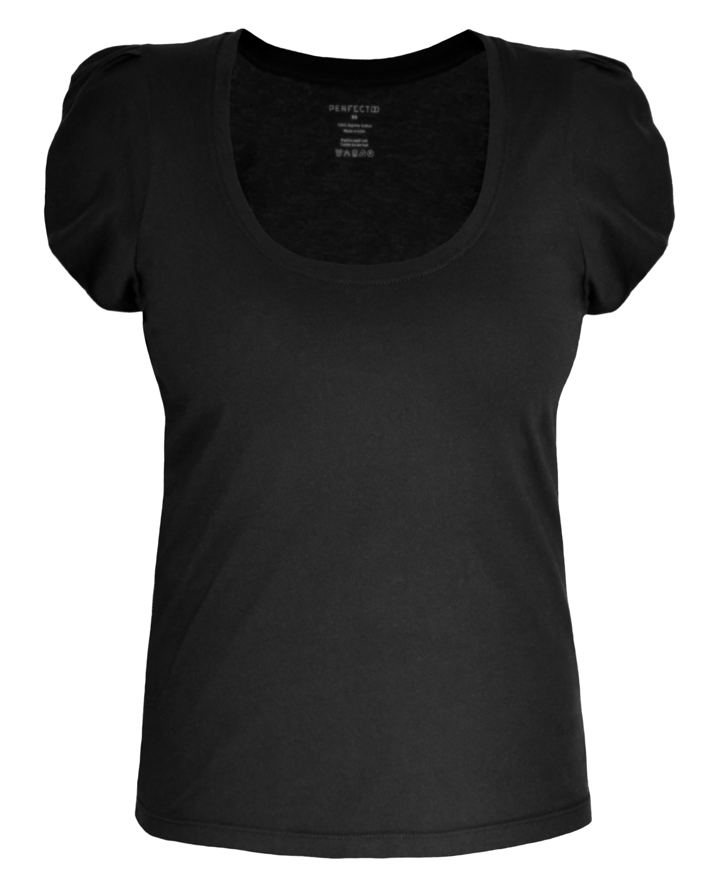 Front flat lay of black supima cotton tulip sleeve scoopneck tee