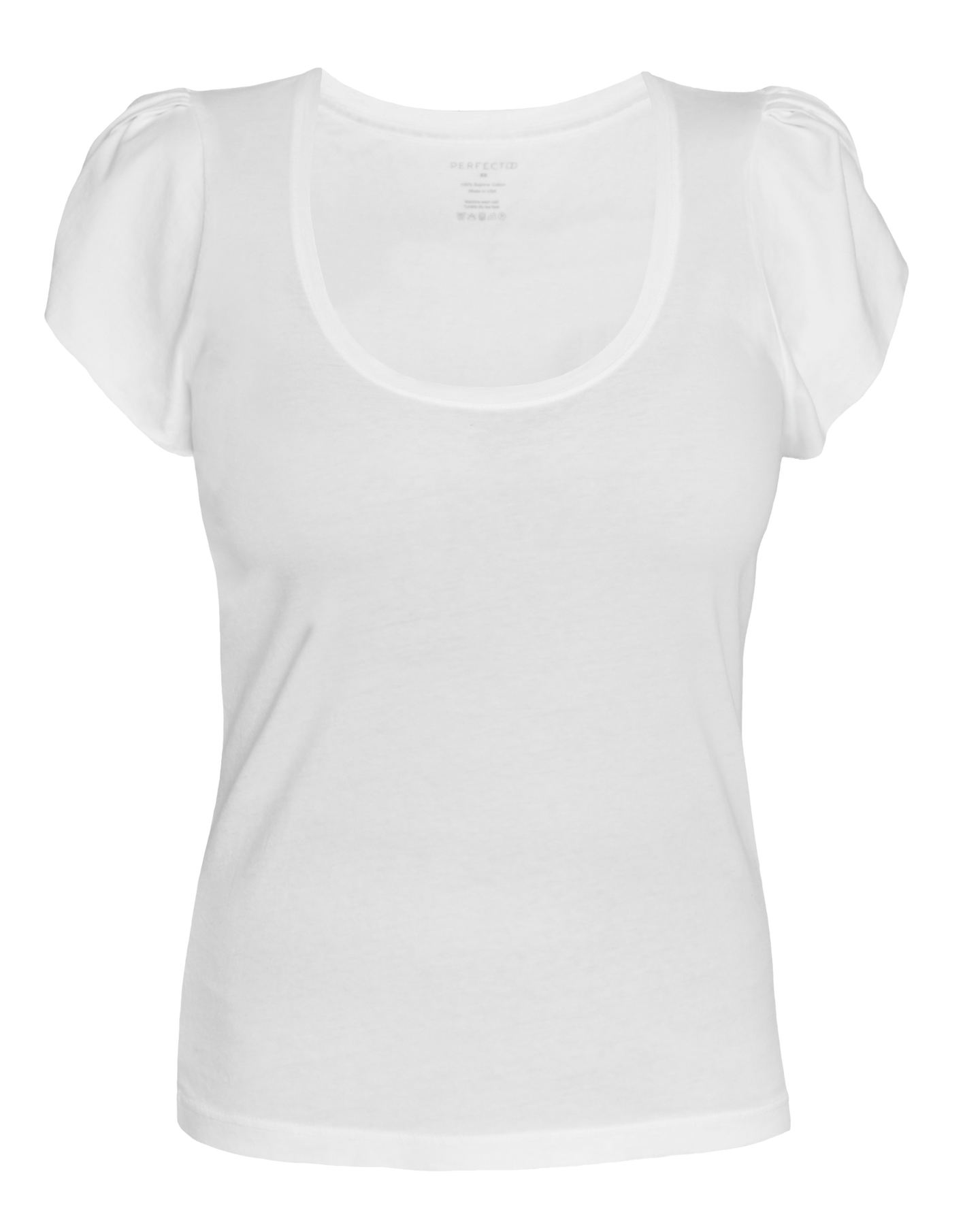 Front flat lay of White supima cotton scoopneck tulip sleeve tee