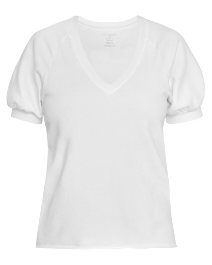 Front flat lay of white organic cotton v-neck sweatshirt
