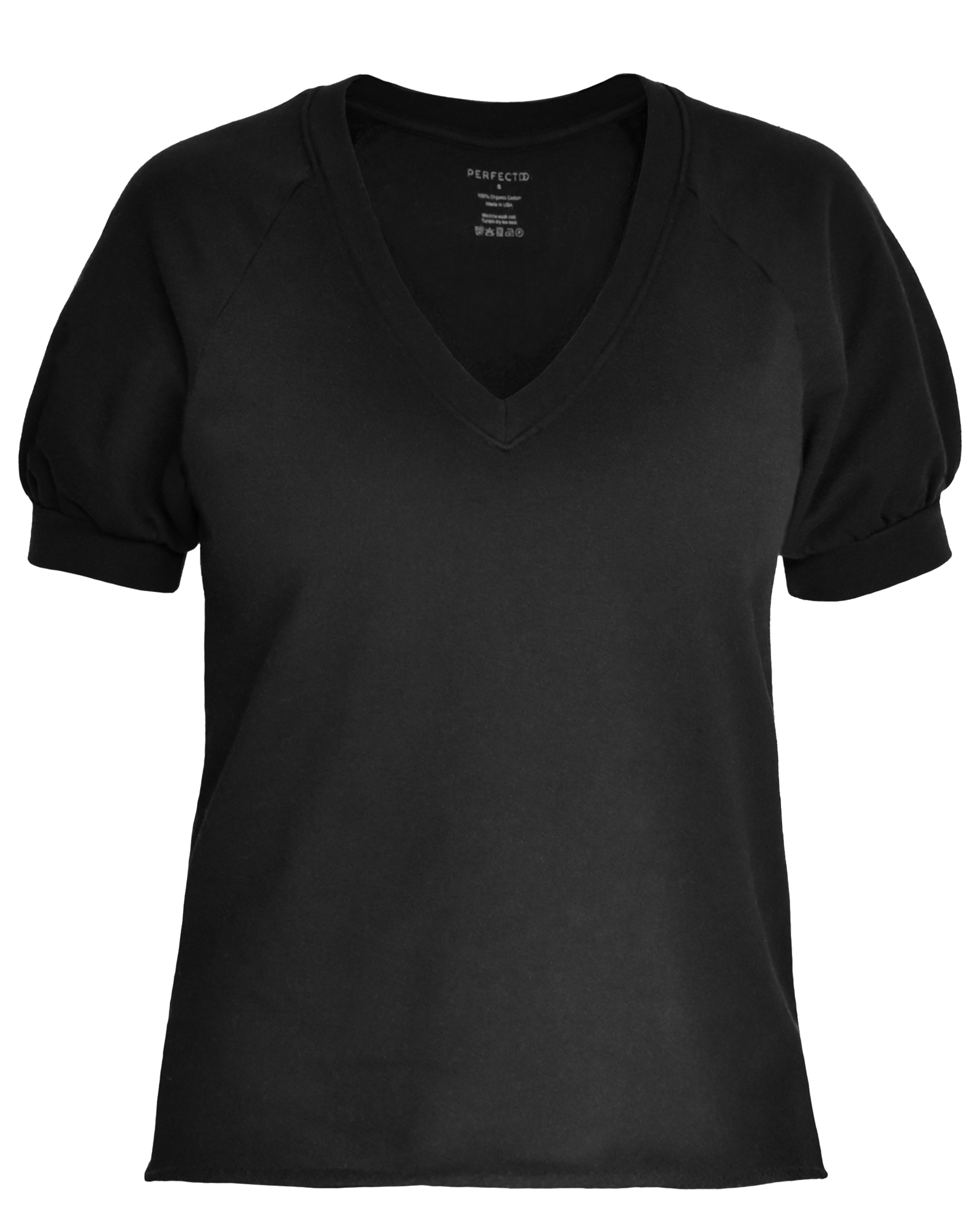 Front flat lay of black organic cotton v-neck sweatshirt