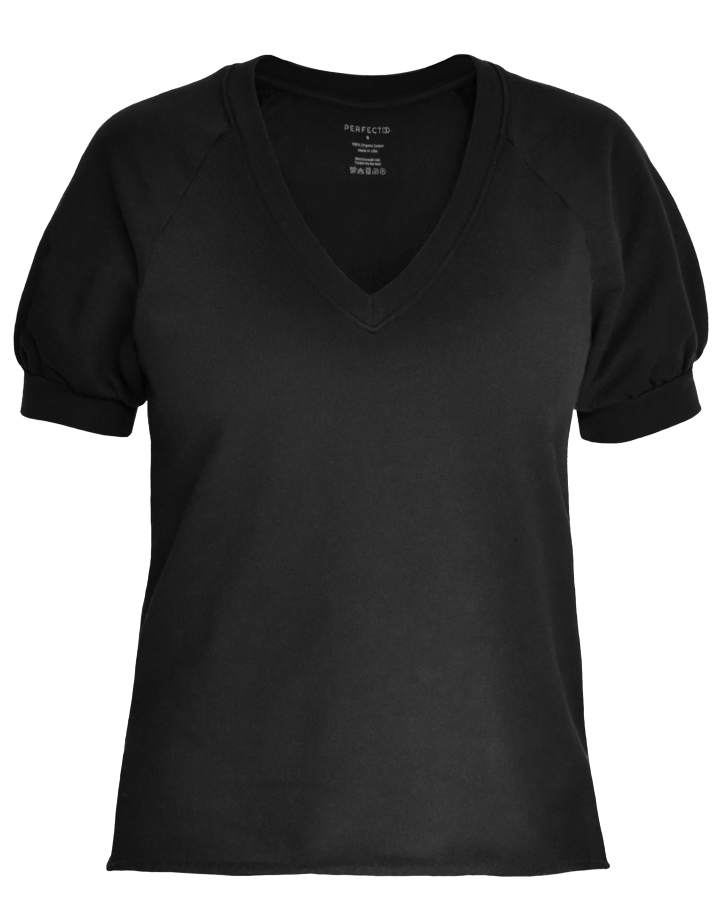 Front flat lay of black organic cotton v-neck sweatshirt