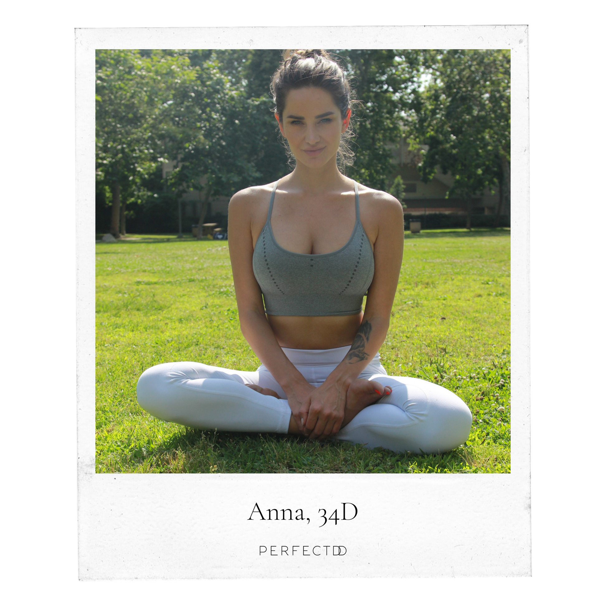 Polaroid picture of thin, brunette sitting in yoga position in sports bra and leggings