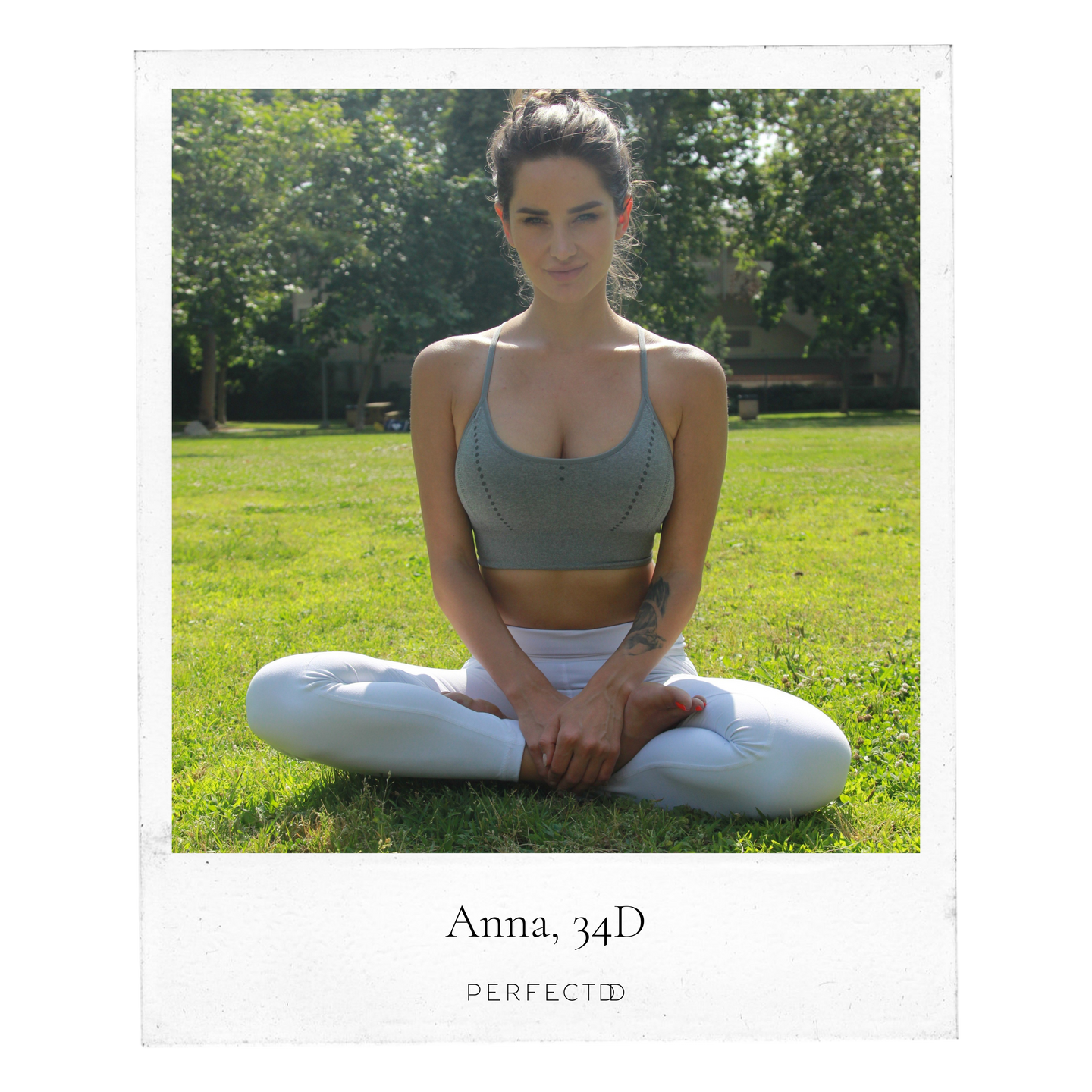 Polaroid picture of thin, brunette sitting in yoga position in sports bra and leggings