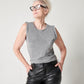 Heather grey pima cotton muscle tee on model wearing glasses and looking to the side