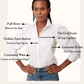 Infographic details of white cotton puff sleeve button down on 32F model wearing size S