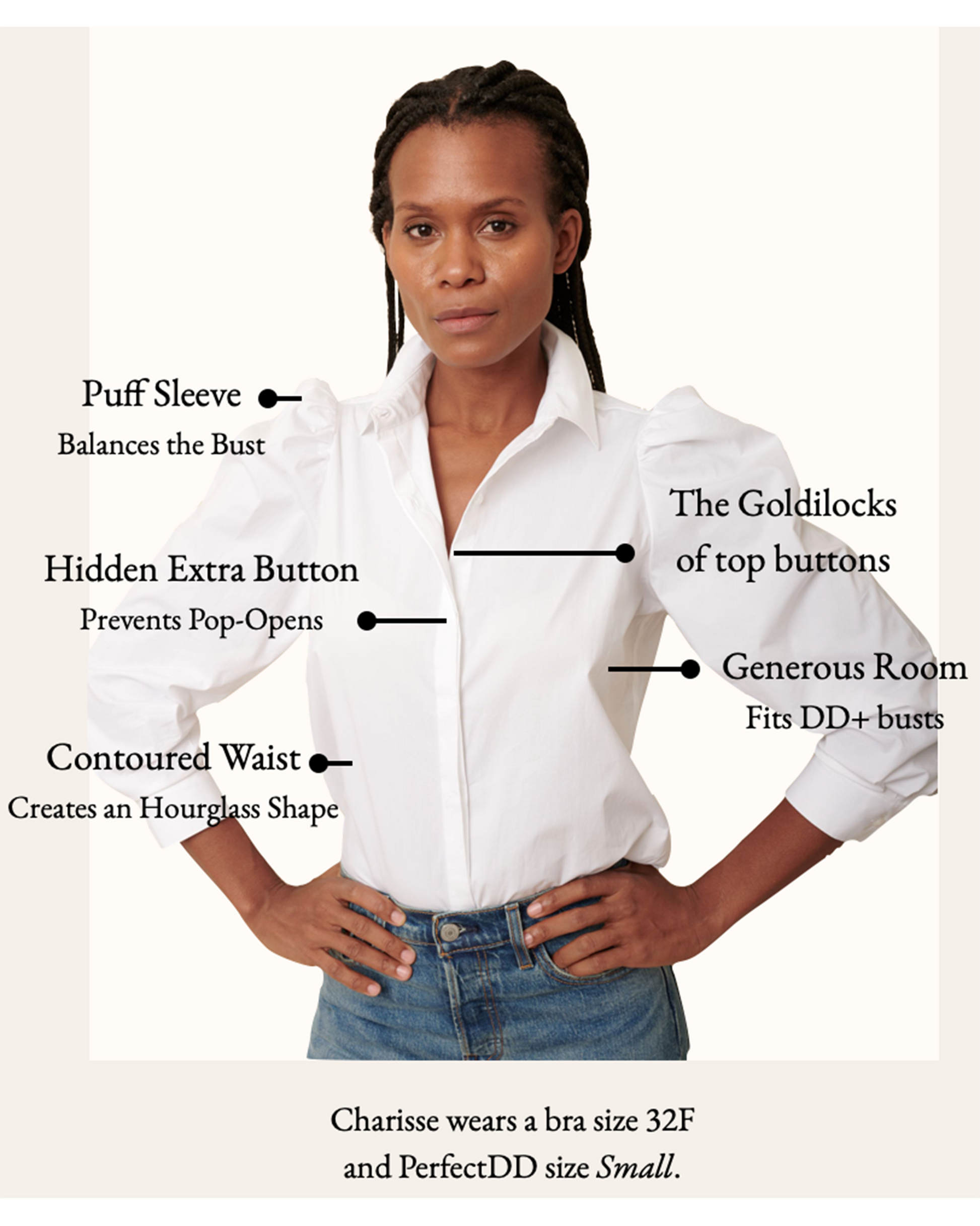 Infographic details of white cotton puff sleeve button down on 32F model wearing size S