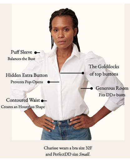 Infographic details of white cotton puff sleeve button down on 32F model wearing size S