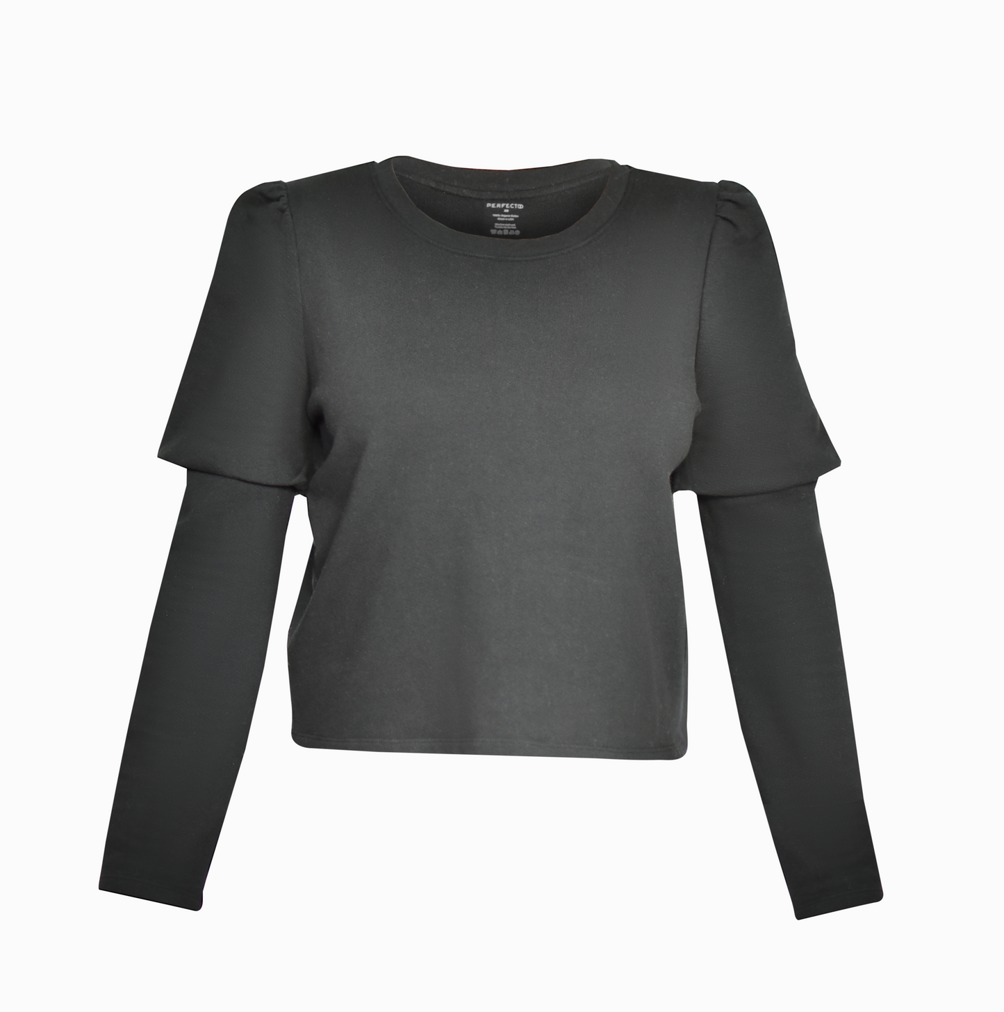 Front flat lay of black organic cotton double sleeve crewneck sweatshirt