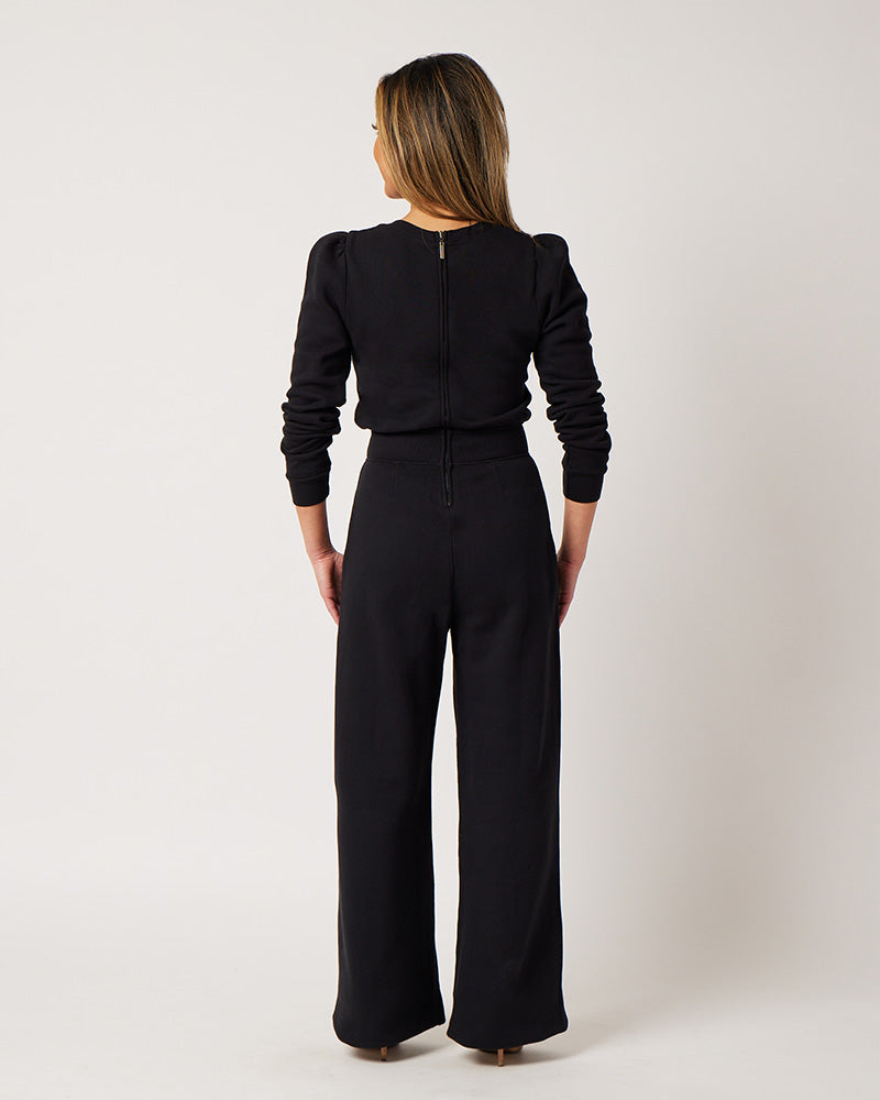 Back detail of black cotton fleece jumpsuit