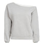 Front flat lay of heather grey cotton fleece off-the-shoulder sweatshirt