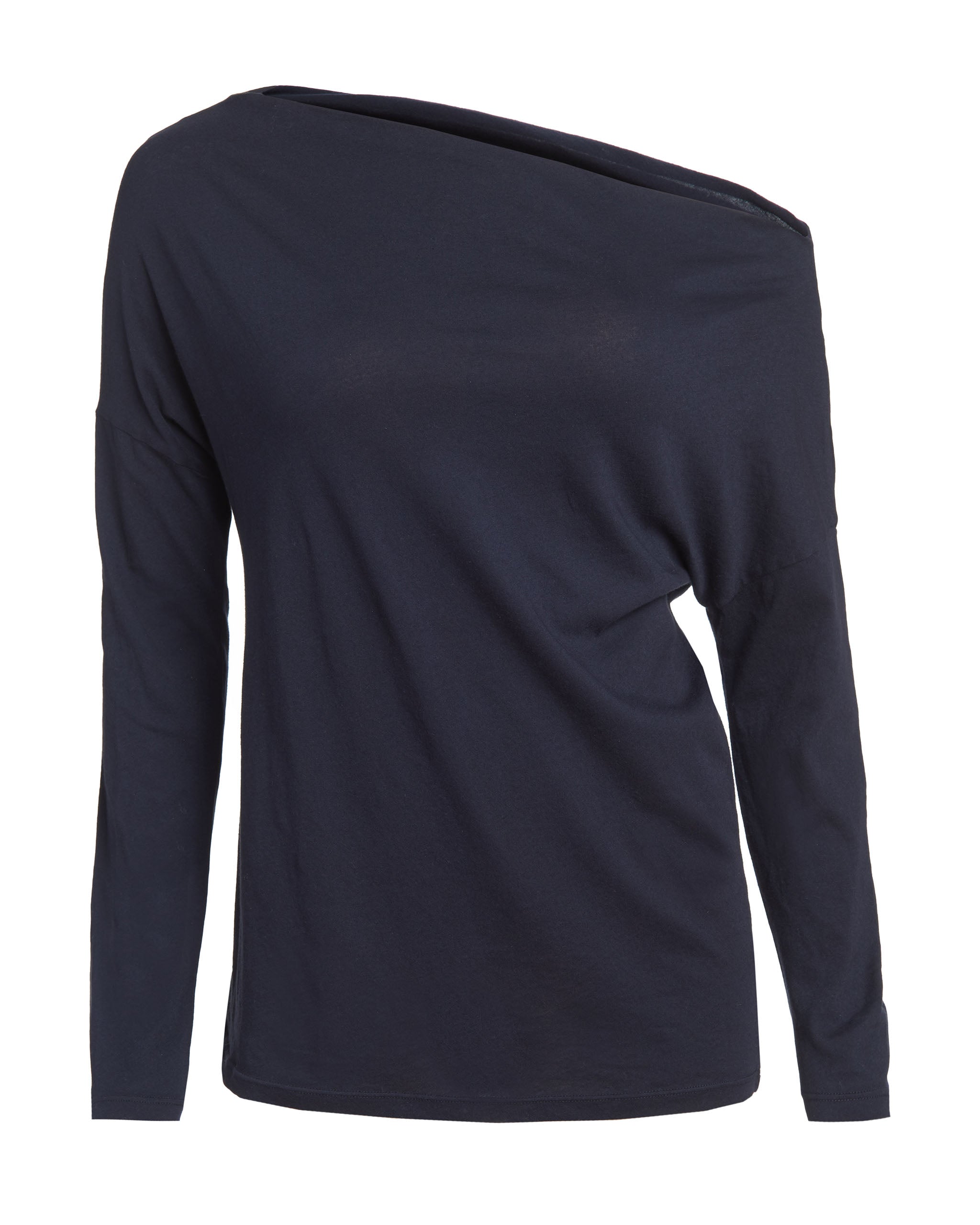 Front flat lay of dark navy supima cotton off-the-shoulder tshirt