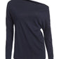 Front flat lay of dark navy supima cotton off-the-shoulder tshirt